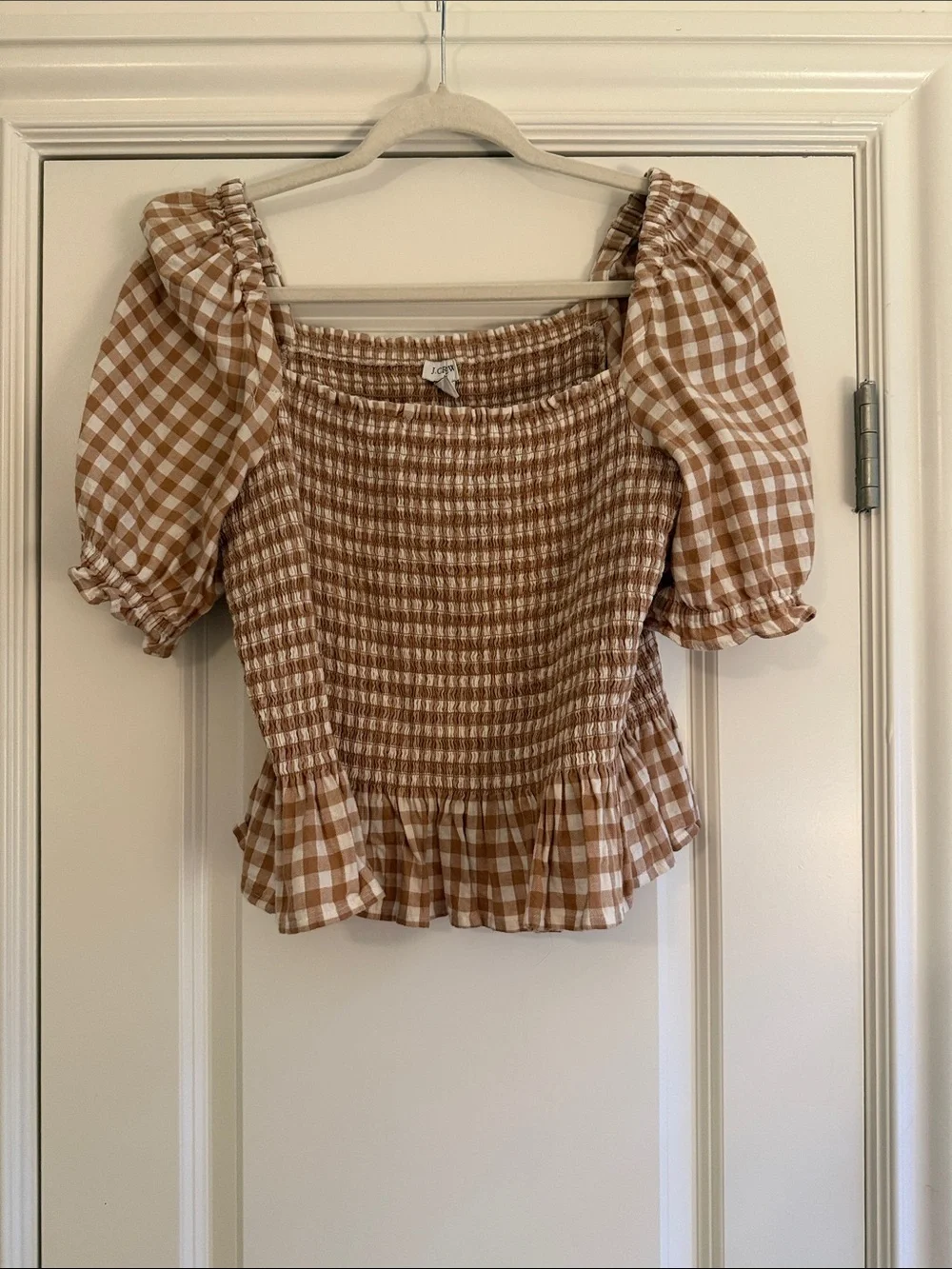 J. Crew Tan and White Gingham Smocked Puff-Sleeve Top